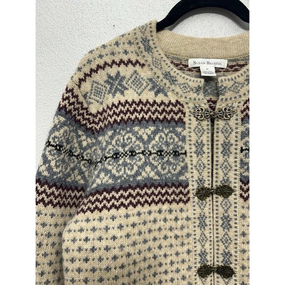 Vintage Susan Bristol 100% Wool Cardigan Sweater Size Medium Nordic Fair Isle - Picture 3 of 8